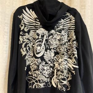 Black Hoodie with Silver Winged Motorcycle Graphic